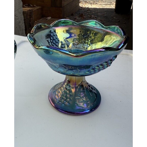 Blue Carnival Glass Harvest Grape Candle Holders - Picture 3 of 8